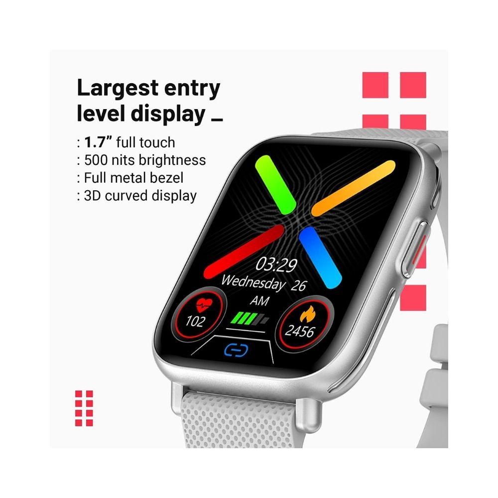 Crossbeats Ignite Pro smartwatch with Body Temperature Sensor, 1.7” HD 500 Nits Brightness Display & 3D Curved Metal Body - Ice Silver