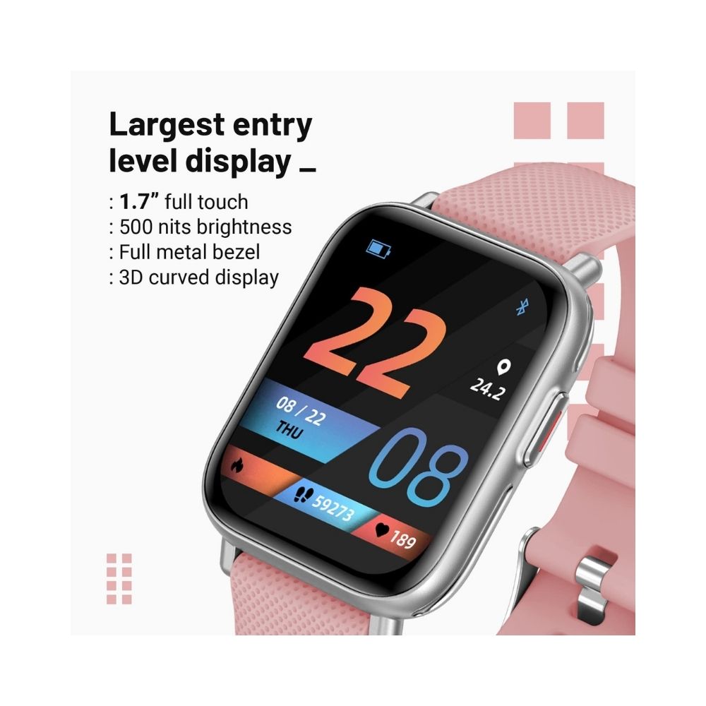 Crossbeats Ignite Pro smartwatch with Body Temperature Sensor, 1.7” HD 500 Nits Brightness Display - Blush Pink