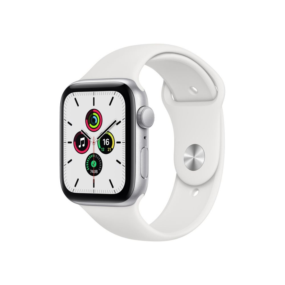 Apple Watch SE MYDQ2HN/A 44 mm Silver Aluminium Case with White Sport Band  (White Strap, Regular)