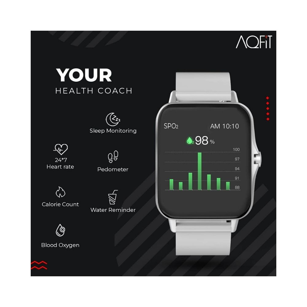 AQFIT W12 Smartwatch IP68 Water Resistant | 1.69” Full Touch Screen Display for Men and Women(Light Grey with Silver dial)