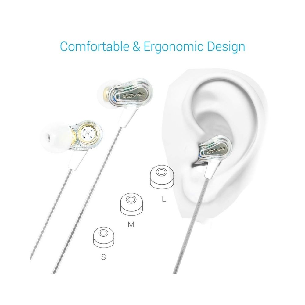 Portronics POR-886 Conch 208 Powerful Dual Driver Earphones with Mic (White)