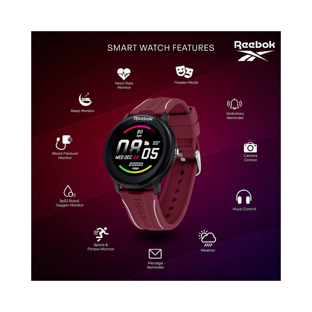 Reebok Smartwatch- Full-touch HD Display, SpO2 sensor, Dynamic HRM, BP & Sleep Monitor, Durable Spin drop Strap - Red