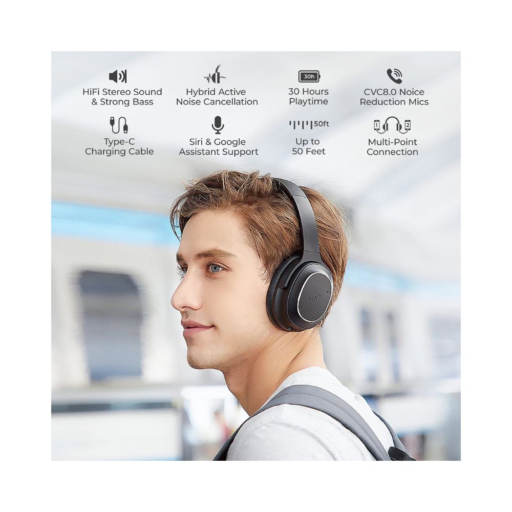 Tribit QuietPlus72 Over The Ear Wireless Bluetooth Headphones with Mic-(Black)