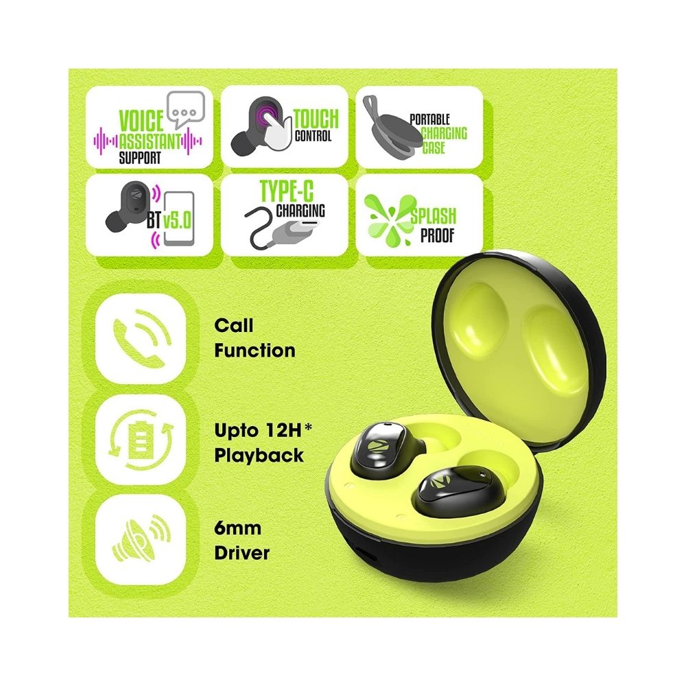 Zebronics Zeb-Sound Bomb 1 TWS Earbuds with BT5.0, Up to 12H Playback-(Green)