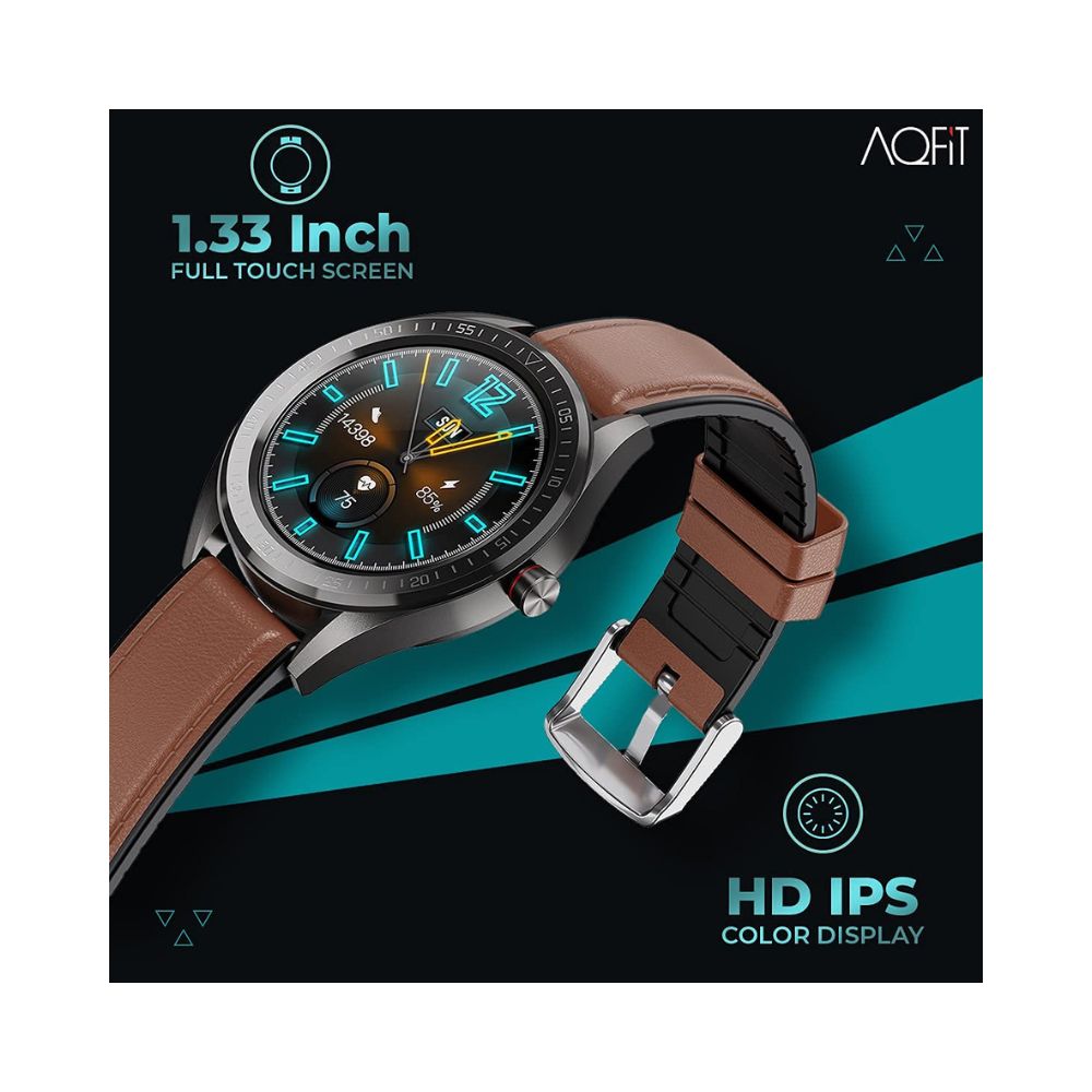 AQFIT W14 Fitness Smartwatch Activity Tracker, Waterproof, for Men and Women (Leather Brown)