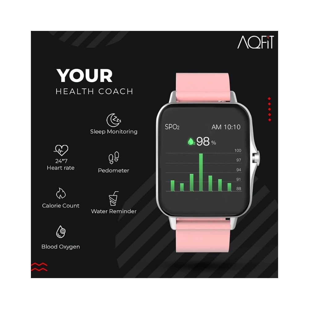 AQFIT W12 Smartwatch IP68 Water Resistant | 1.69” Full Touch Screen Display for Men and Women(Pink with Silver dial)