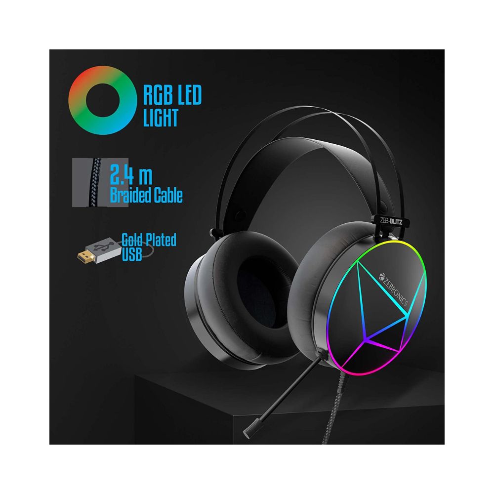 ZEBRONICS Zeb-Blitz USB Gaming Headphone with Dolby Atmos, Padded Headband and Ear Cushions-(Black)