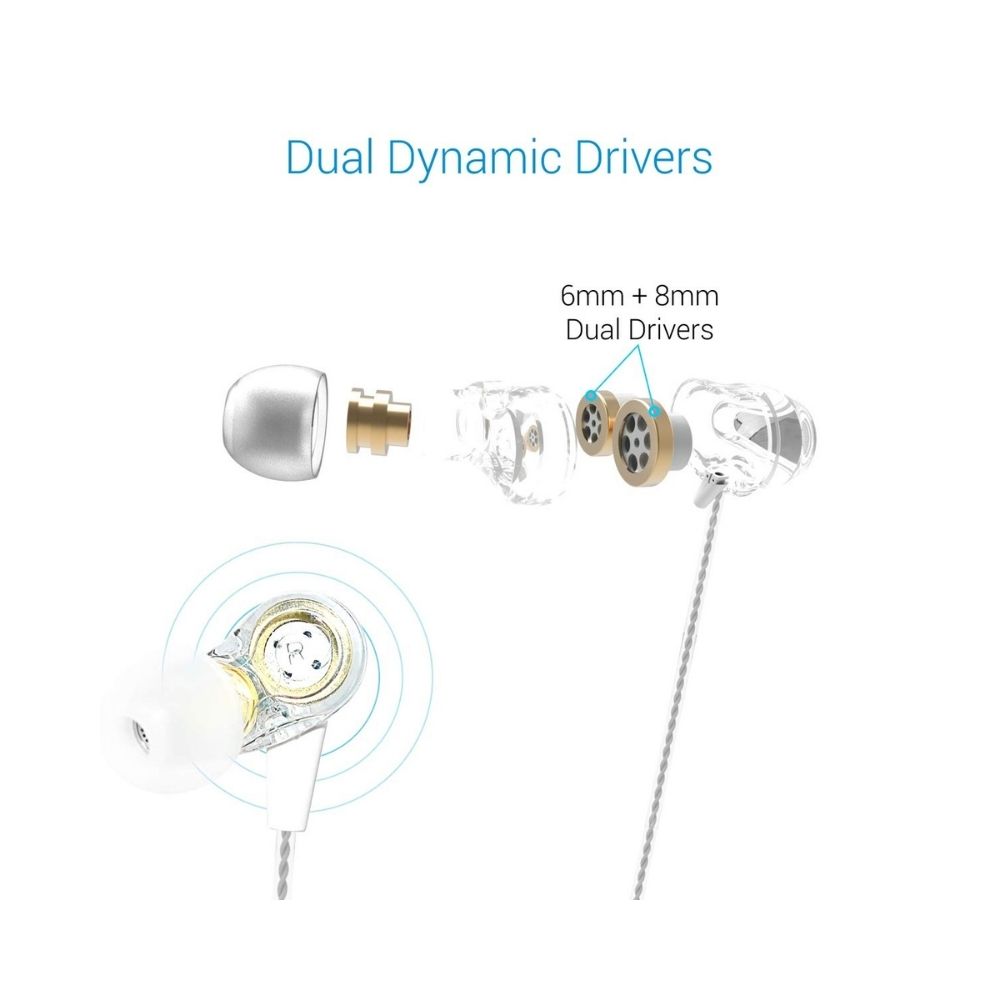 Portronics POR-886 Conch 208 Powerful Dual Driver Earphones with Mic (White)