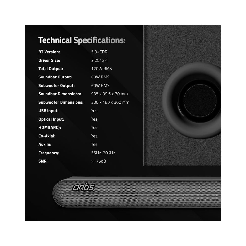 Artis BT-X9 120W 2.1Channel Wireless Bluetooth Sound bar & Wireless Subwoofer (Black)