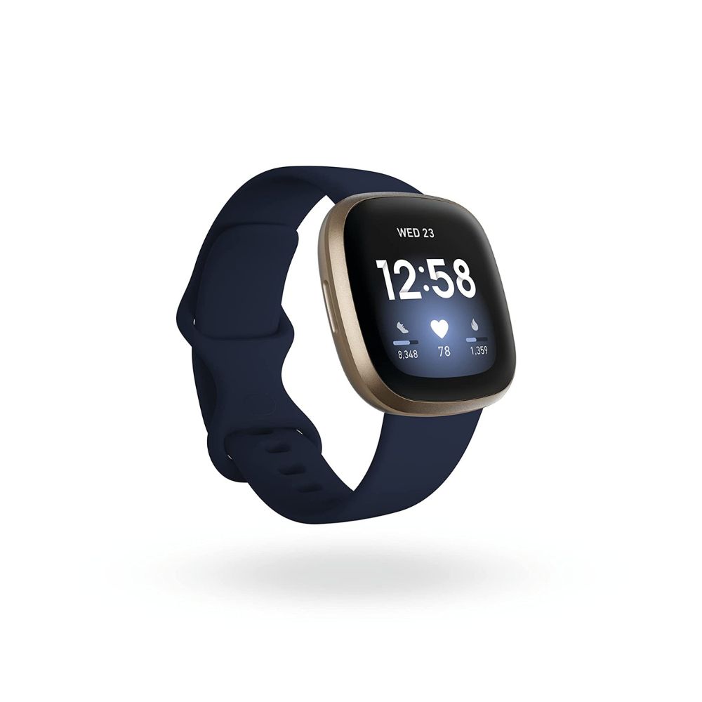 Fitbit Versa 3 Health & Fitness Smartwatch, Midnight Blue/Gold, One Size (S & L Bands Included)