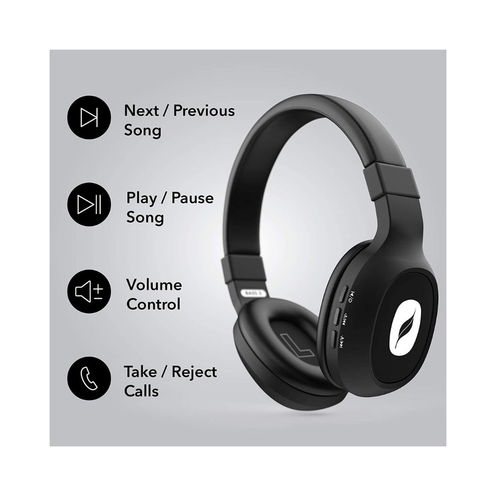 Leaf Bass 2 Wireless Bluetooth Headphones with Mic and 15 Hours Battery Life (Black)
