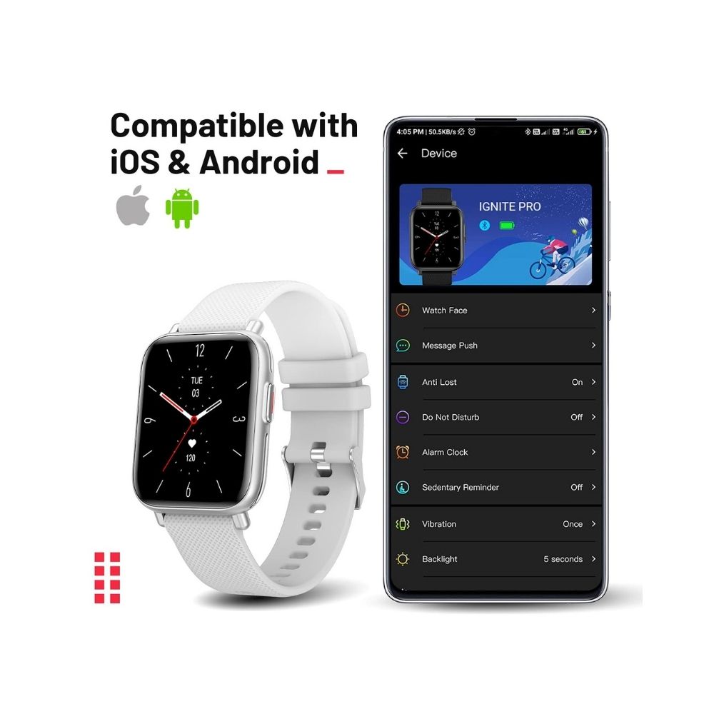 Crossbeats Ignite Pro smartwatch with Body Temperature Sensor, 1.7” HD 500 Nits Brightness Display & 3D Curved Metal Body - Ice Silver