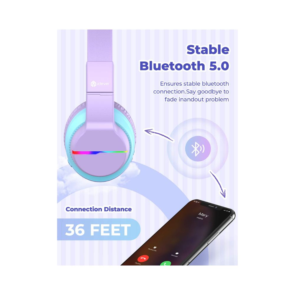iClever BTH12 Girls Headphones, Kids Wireless Headphones (Purple)
