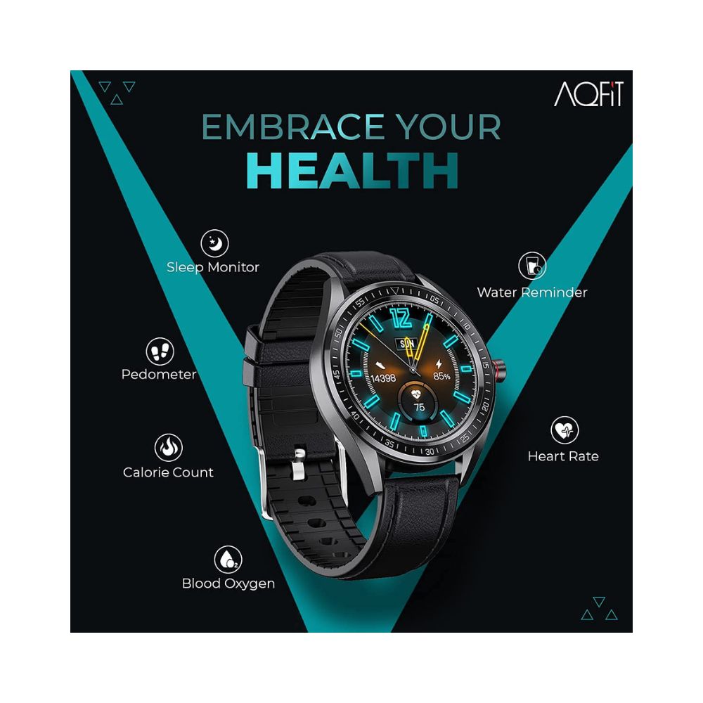 AQFIT W14 Fitness Smartwatch Activity Tracker, Waterproof,  for Men and Women(Leather Black)