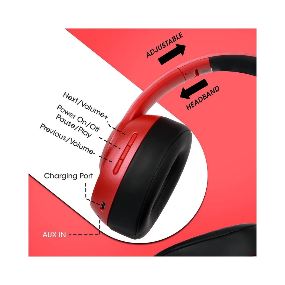 ZEBRONICS Zeb-DUKE1 Bluetooth 5.0 Wireless Over Ear Headphones With Mic-(Black with Red)