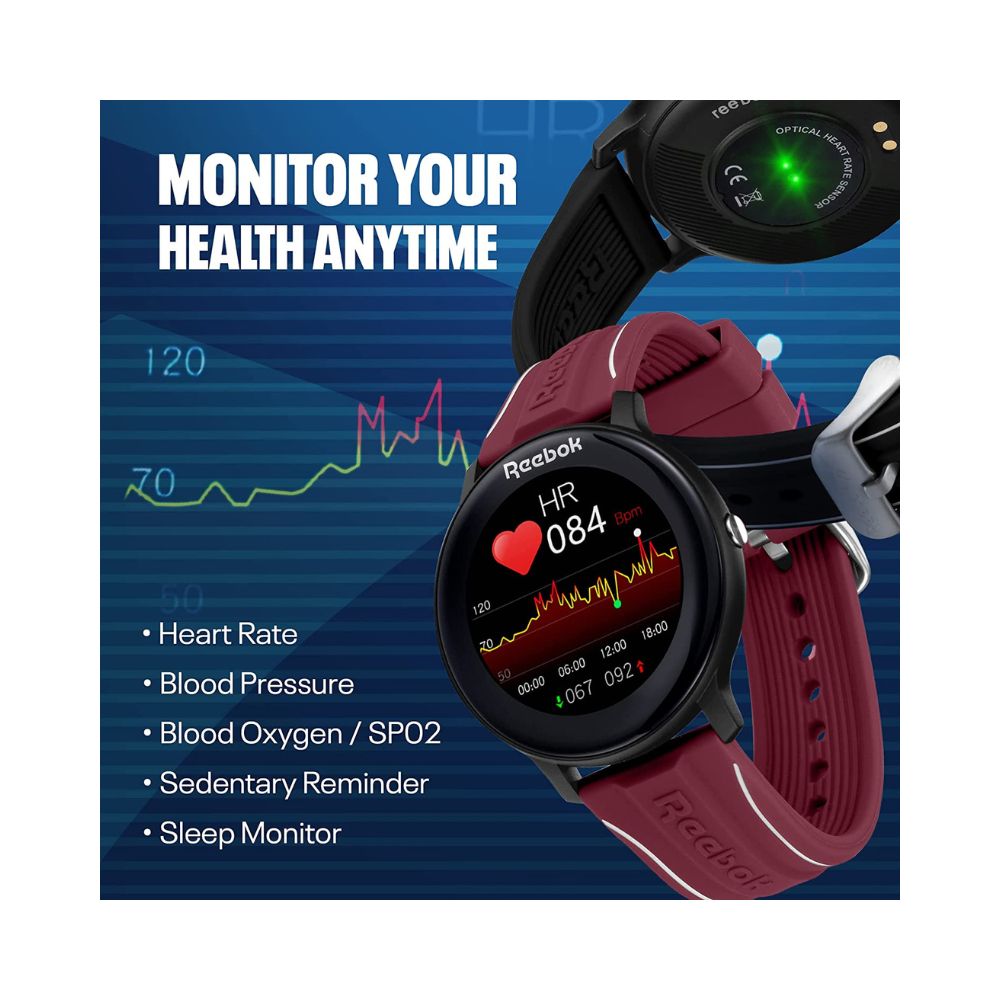 Reebok Smartwatch- Full-Touch HD Display, SpO2 Sensor, Dynamic HRM, BP & Sleep Monitor, Durable Spindrop Strap-Black