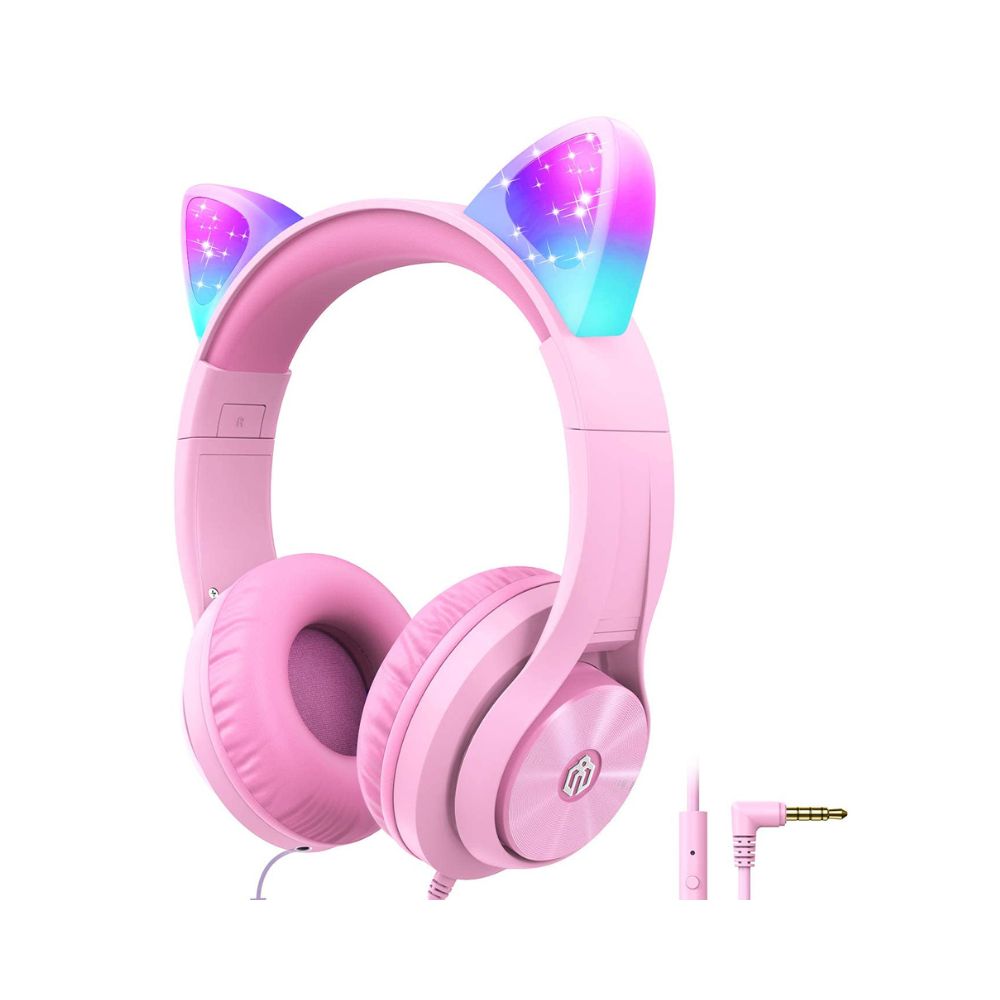 iClever Kids Unicorn Headphones for Girl Over The Ear Headphone with Mic/Shareport, Wired Cat Ear Headphones,94dB Volume Limited, Foldable Headphone for Kids Girls Birthday Gifts, Pink