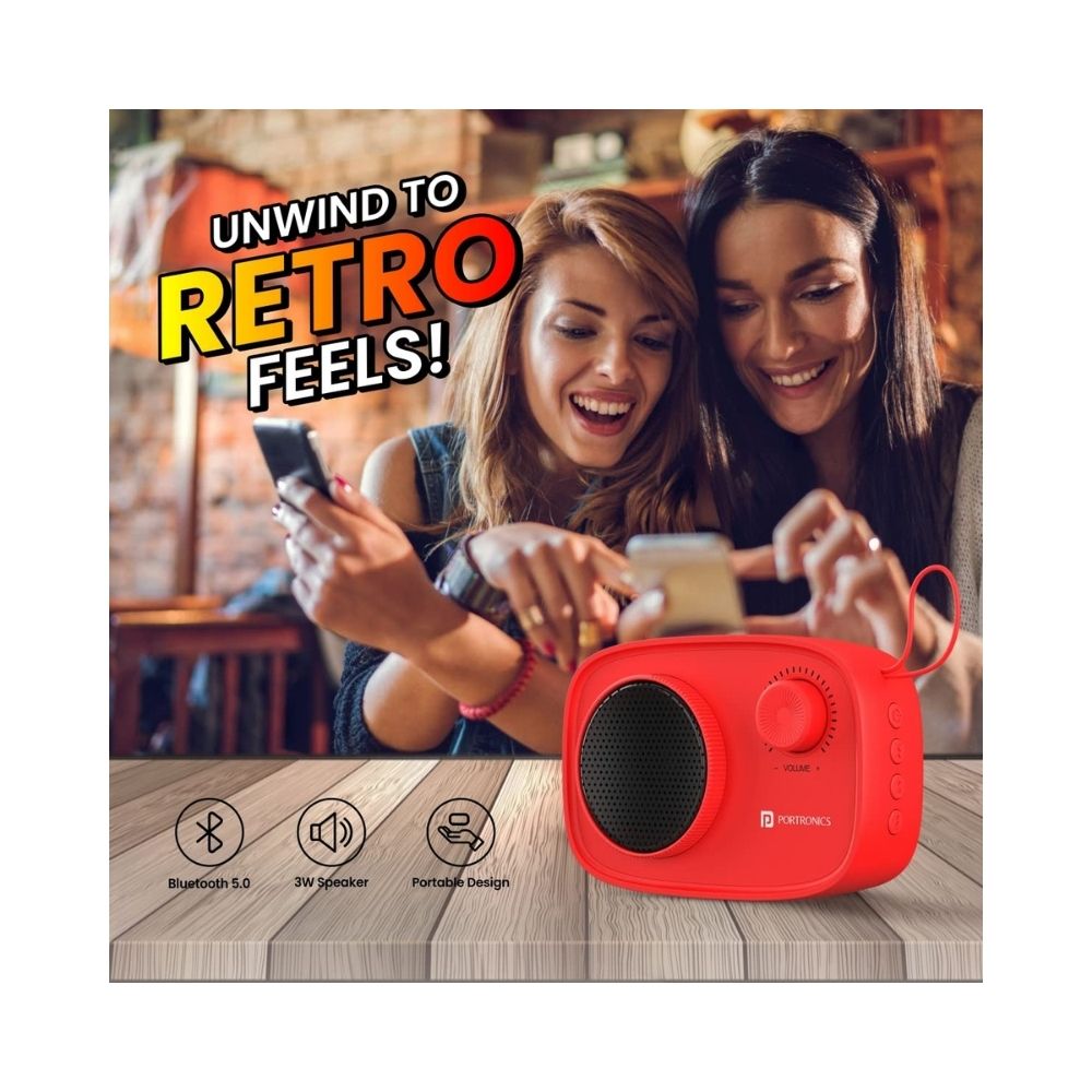 Portronics Pixel 2 Wireless Bluetooth Portable Speaker with Micro SD, 3.5mm Aux, 3W Output, Retro Volume Knob(Red)
