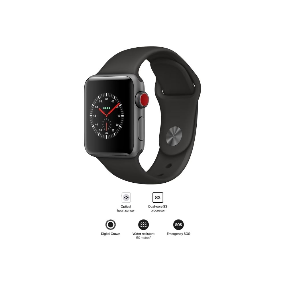 Apple Watch Series 3 GPS - MTF02HN/A 38 mm Space Grey Aluminium Case with Black Sport Band  (Black Strap, Regular)