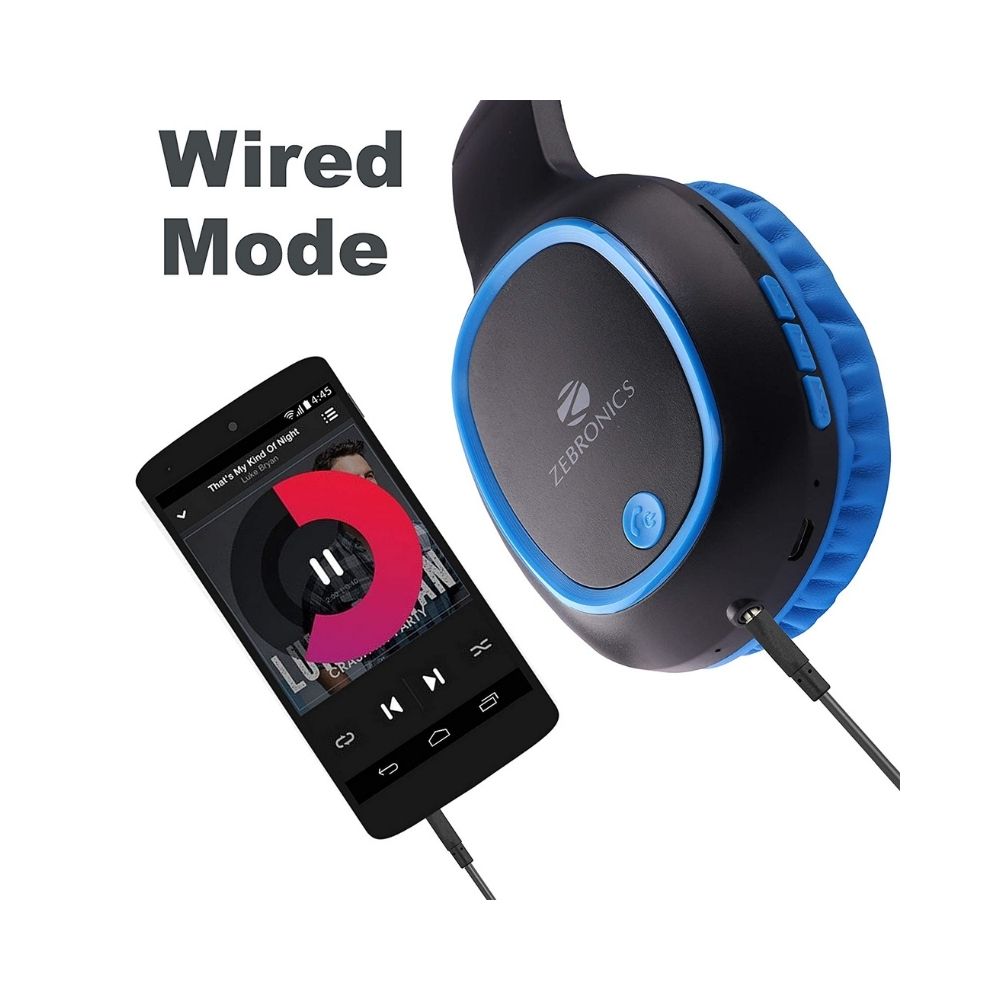 ZEBRONICS Zeb-Thunder Wireless Bluetooth Over The Ear Headphone, FM, mSD, 9 hrs Playback with Mic-(Blue)