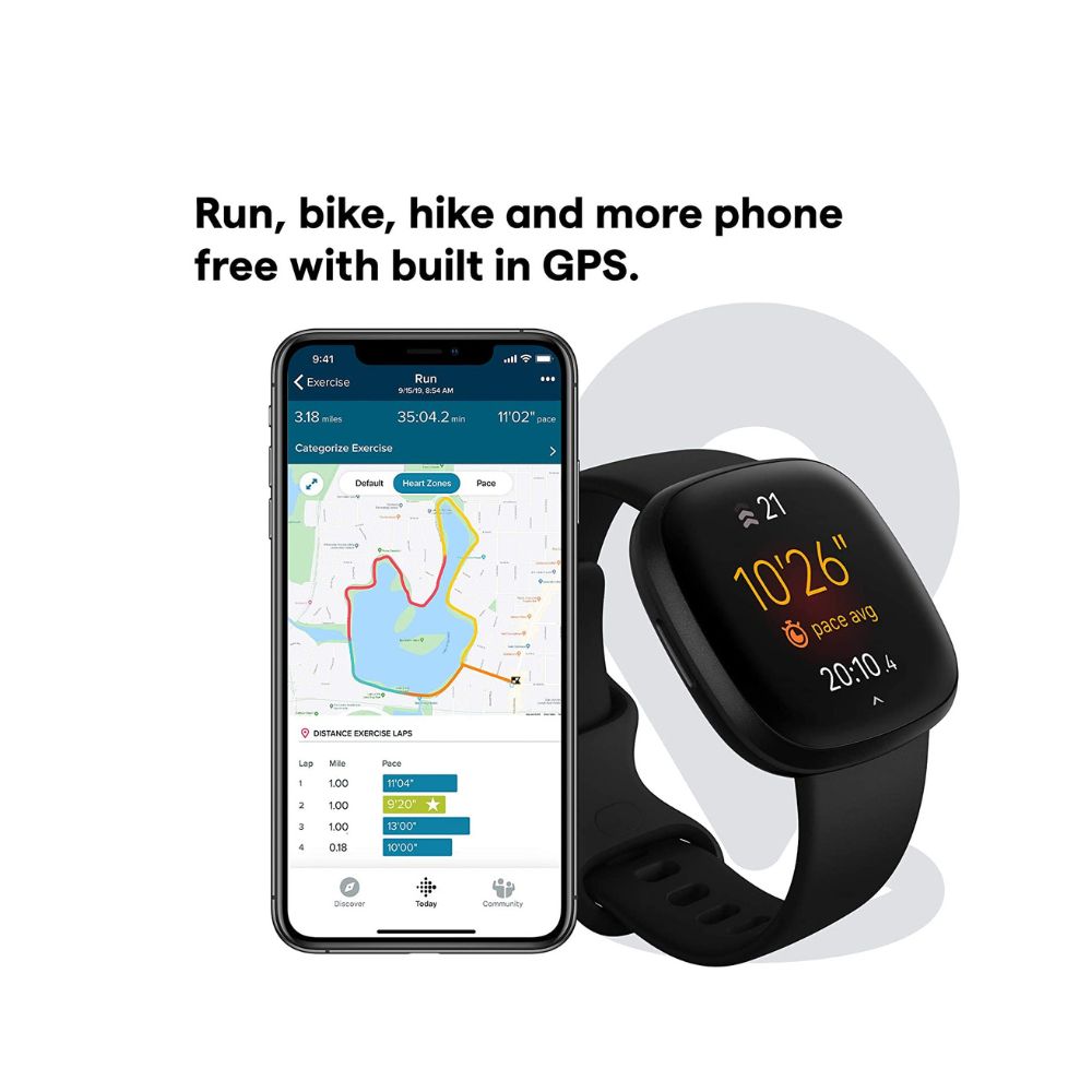 Fitbit Versa 3 Health & Fitness Smartwatch with GPS, 24/7 Heart Rate, Alexa Built-in, Black, One Size (S & L Bands Included)