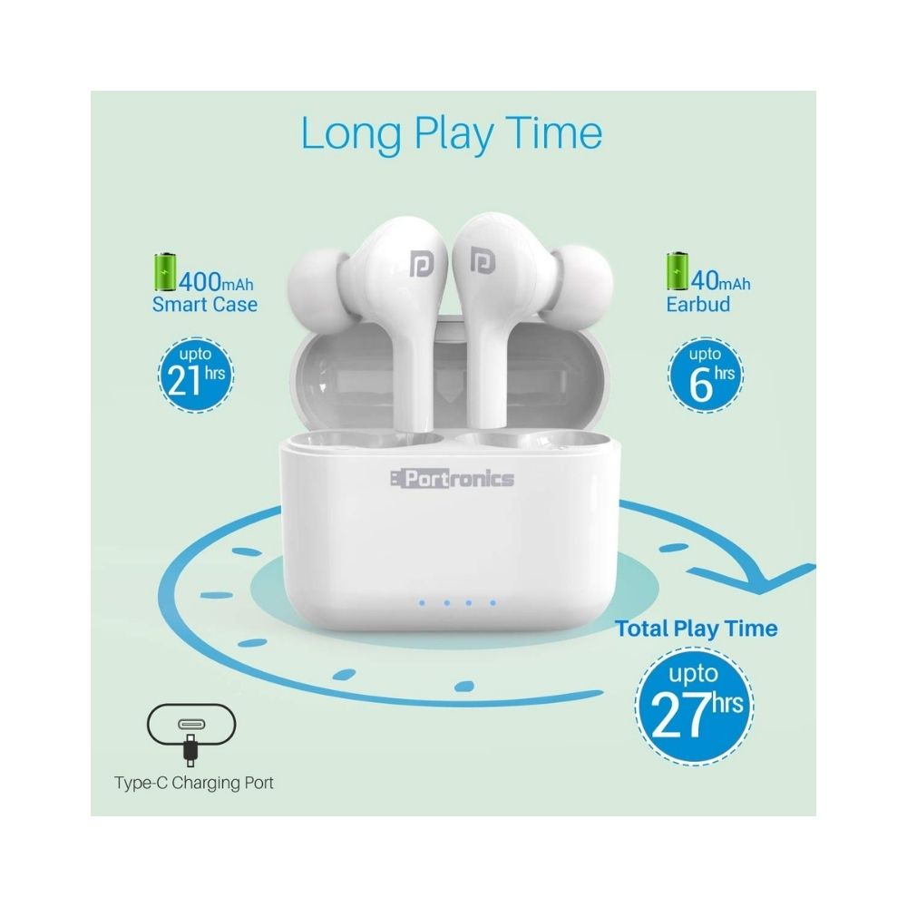 Portronics Harmonics Twins 33 Smart Truly Wireless Bluetooth in Ear Earbuds with Mic (White)