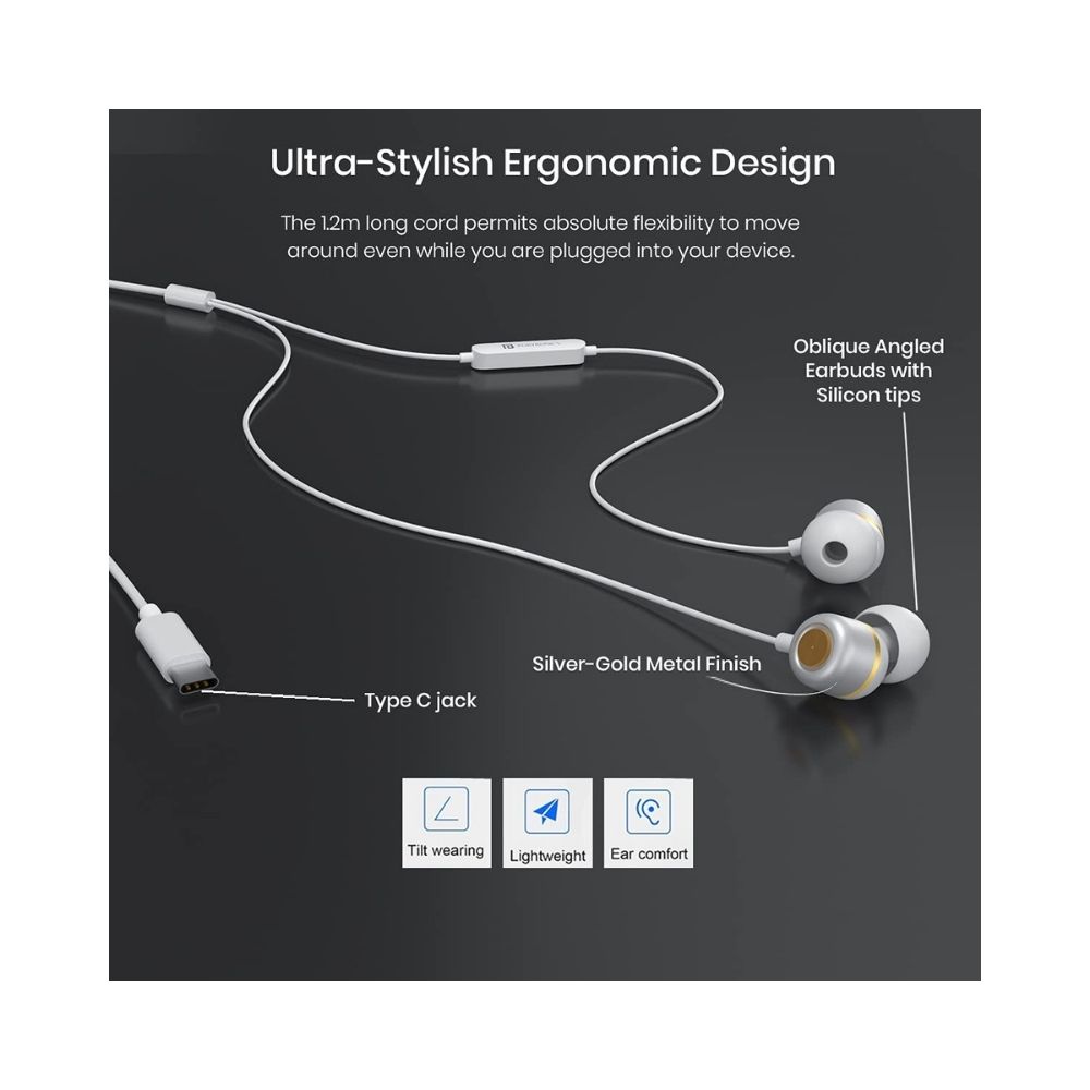 Portronics Conch 20 in-Ear Wired Earphone with Type-C Jack-(White)