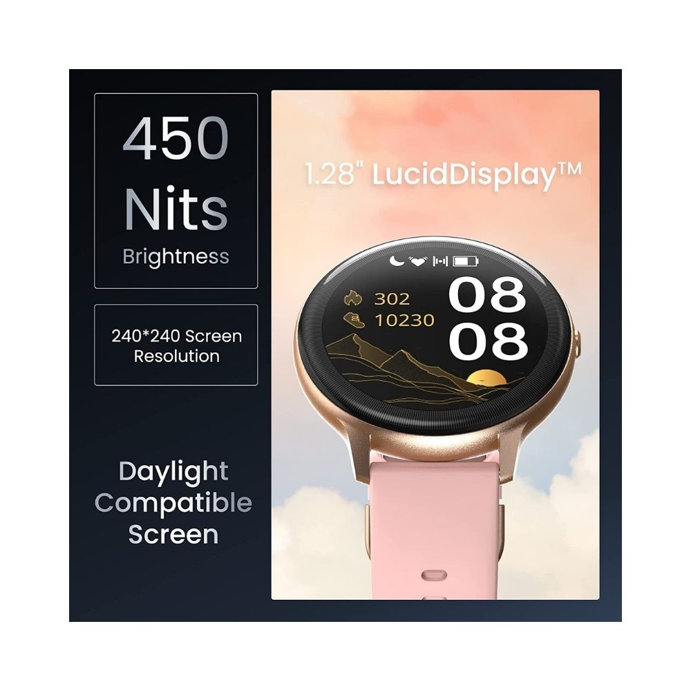 Ambrane Sphere Smartwatch with 450 Nits Brightness Lucid Display™, IP68 Water Resistant (Pearl Pink)