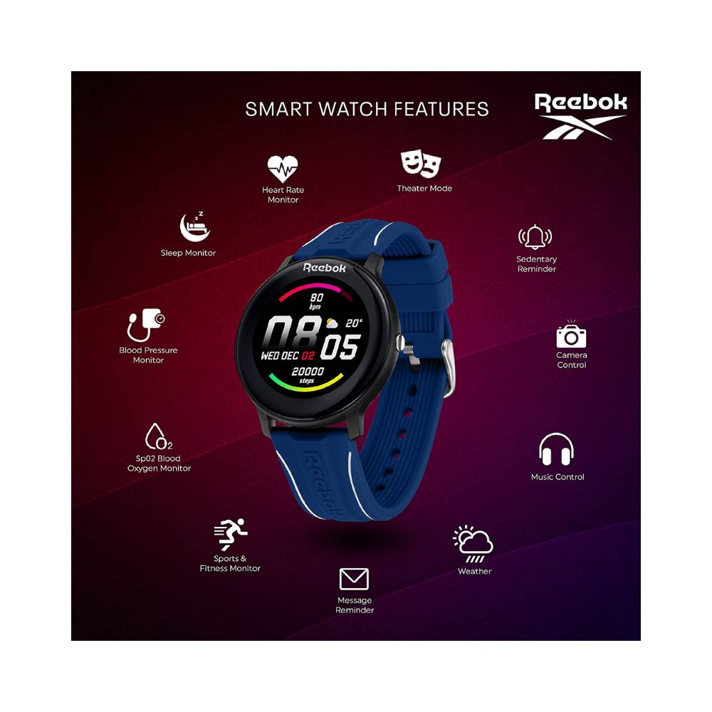 Reebok Smartwatch- Full-Touch HD Display, SpO2 Sensor, Dynamic HRM, BP & Sleep Monitor, Durable Spindrop Strap-Blue