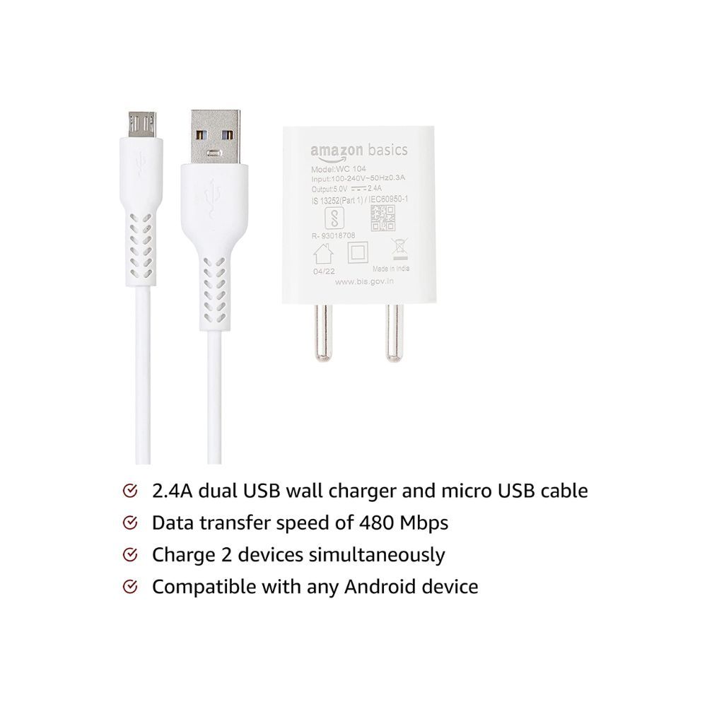 Amazon Basics 2.4 A Dual USB Wall Charger & Micro USB Cable (White)