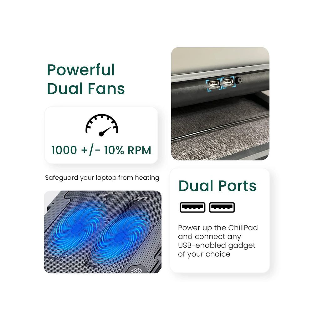 Ambrane Dual Fan Laptop Cooling Pad, Blue LED Light (ChillPad, Black)