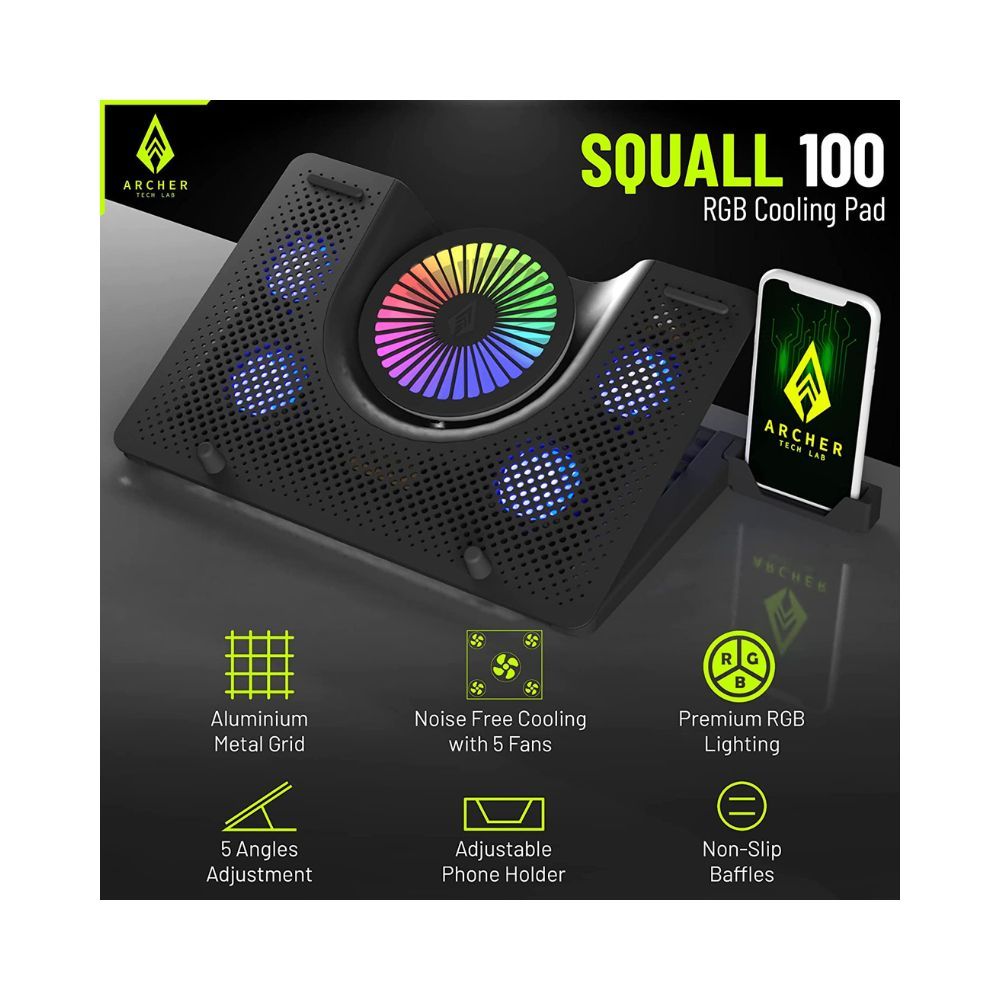 Archer Tech Lab, Squall 100 RGB Gaming Laptop Cooling Pad with Aluminium Metal Grid