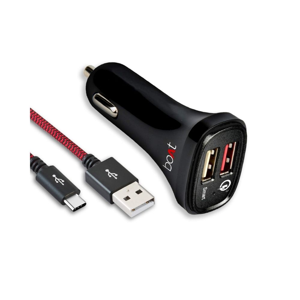 boAt Dual Port Rapid Car Charger (Qualcomm Certified) Smart Charging with Quick Charge 3.0 + Free Type C USB Cable Black