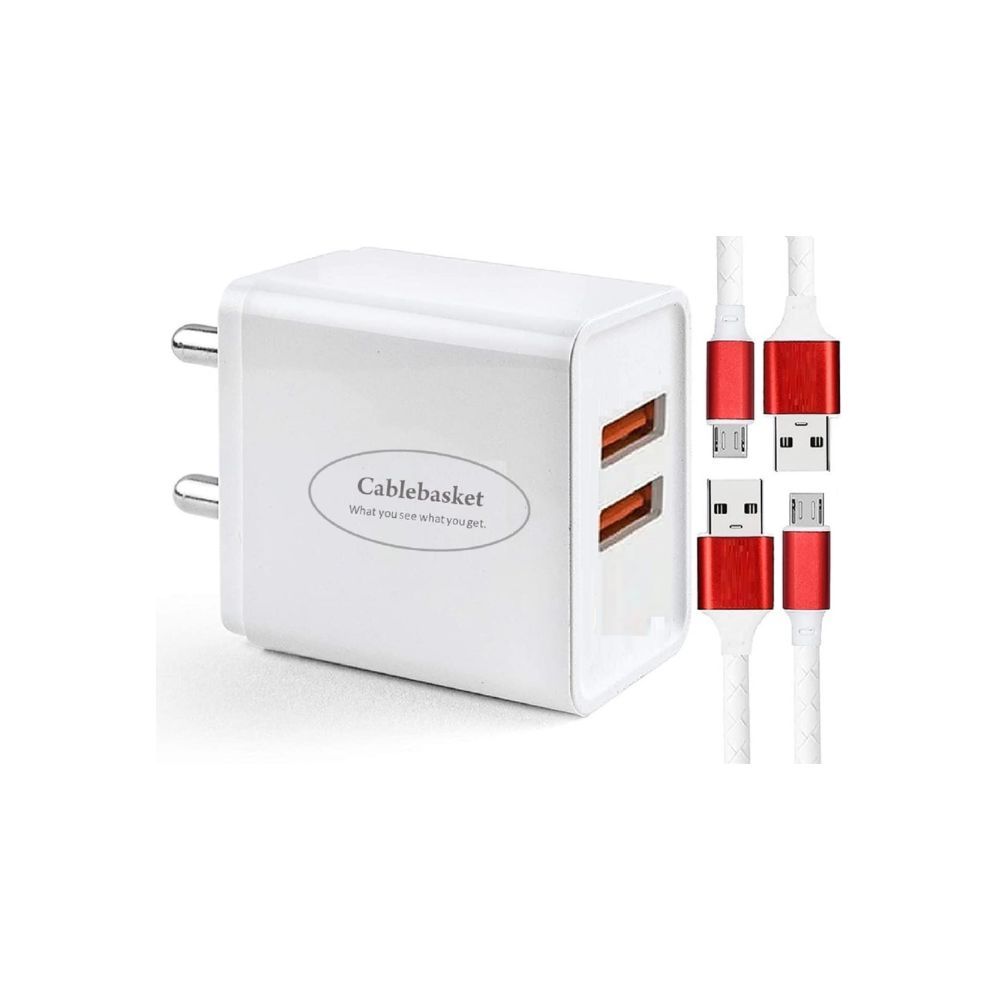 Cablebasket Fast Turbo Mobile Dual USB Port 2.4A Amp Wall Charger Adapter for Android Phones with Two Micro USB Data Cables 2 Amp (White)