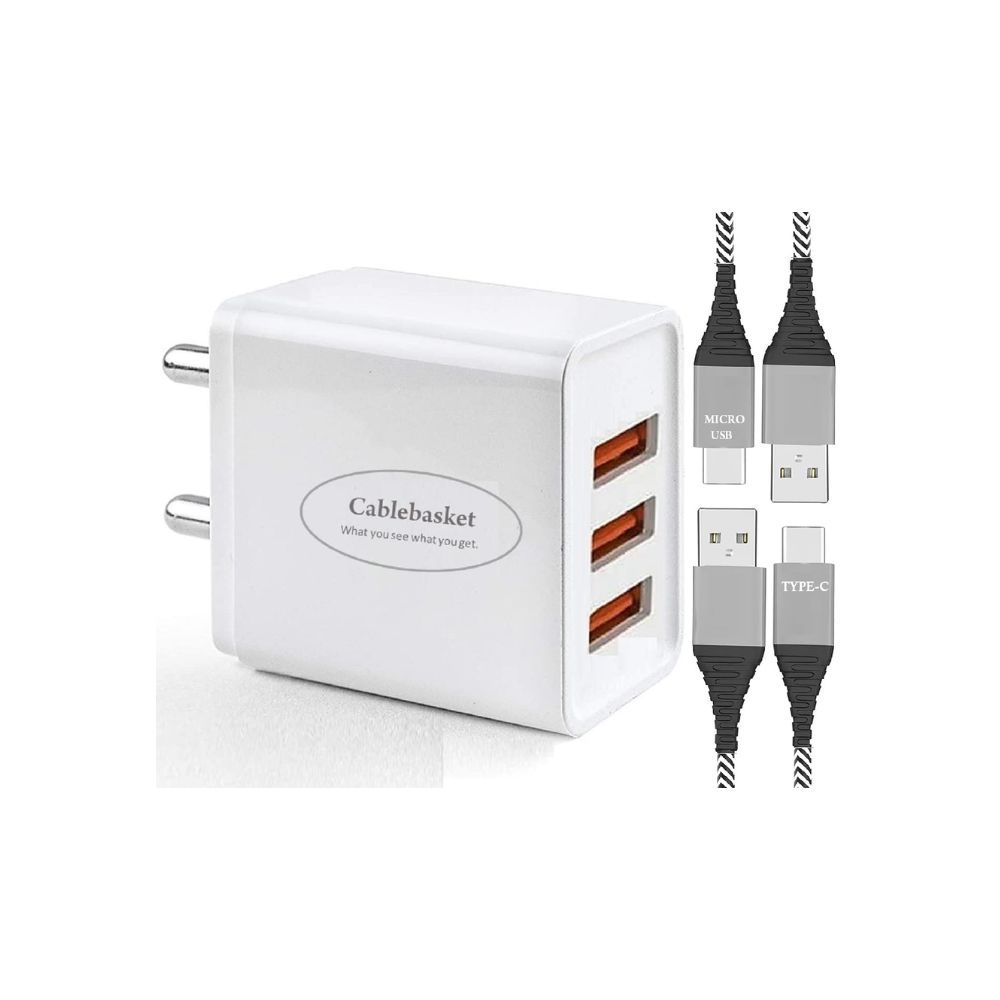 Cablebasket Mobile Charger Fast Charging for Android Phones 3.1 Amp Multi 3 USB Port Adapter with Type-c and Micro-USB Fast Charging Cables (White)