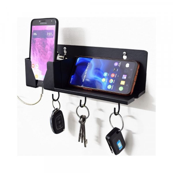 Crinds® Pure Metal Mobile Phone Stand for Wall- (Black with Hooks)
