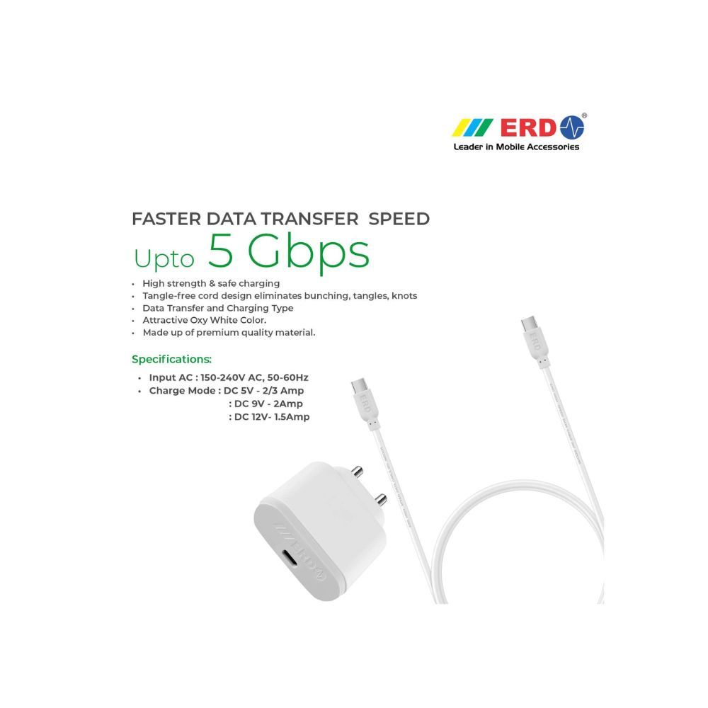 ERD 20 W 4 A Mobile TC-46 USBC Charger with Detachable Cable (White)