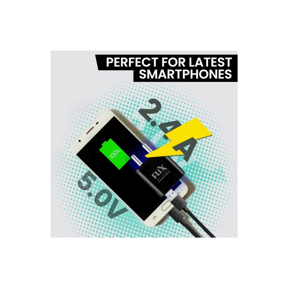 FLiX USB Charger, Flix (Beetel) Bolt 2.4 Dual Poart,5V/2.4A/12W USB Wall Charger Fast Charging Adapter (Black)