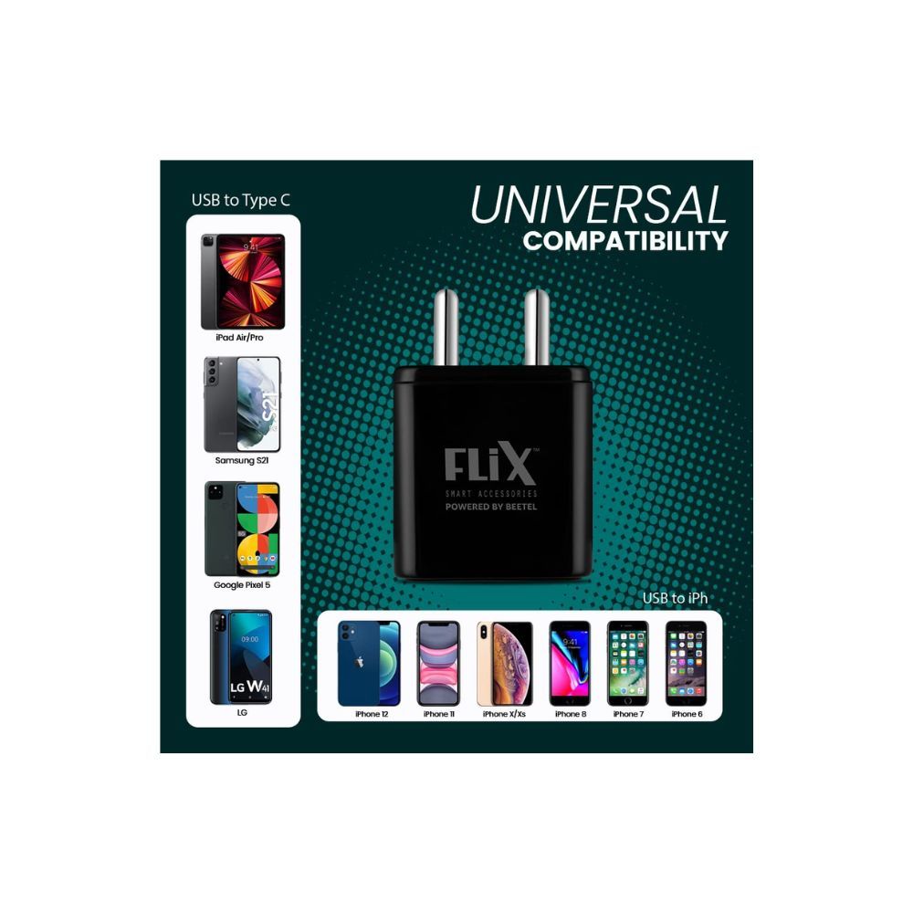 FLiX USB Charger, Flix (Beetel) Bolt 2.4 Dual Poart,5V/2.4A/12W USB Wall Charger Fast Charging Adapter (Black)