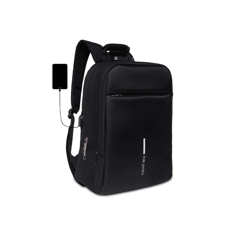 Fur Jaden Anti Theft Number Lock Backpack Bag with 15.6 Inch Laptop Compartment, USB Charging Port & Organizer Pocket (Black)