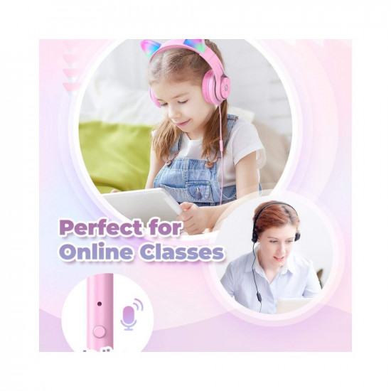 iClever Kids Unicorn Headphones for Girl Over The Ear Headphone with Mic/Shareport, Wired Cat Ear Headphones,94dB Volume Limited, Foldable Headphone for Kids Girls Birthday Gifts, Pink