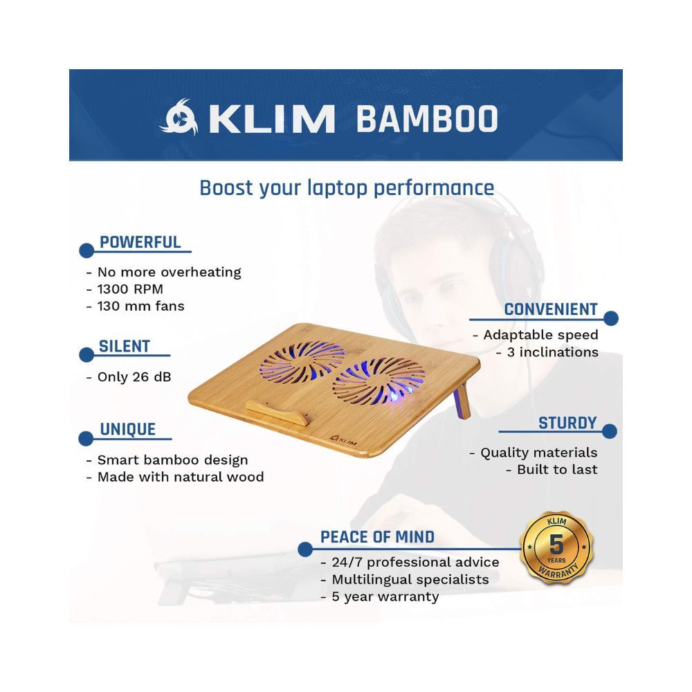 Klim Bamboo - Laptop Cooling pad - 2022 Version - Adjustable Speed - Cooling Stand with Fans