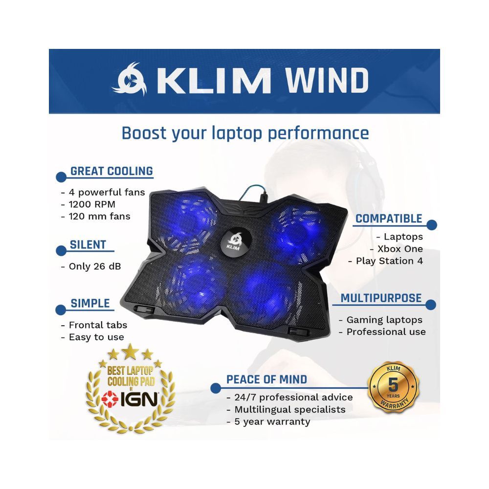 Klim Wind Laptop Cooling Pad - Support 11 to 17 Inch Laptops