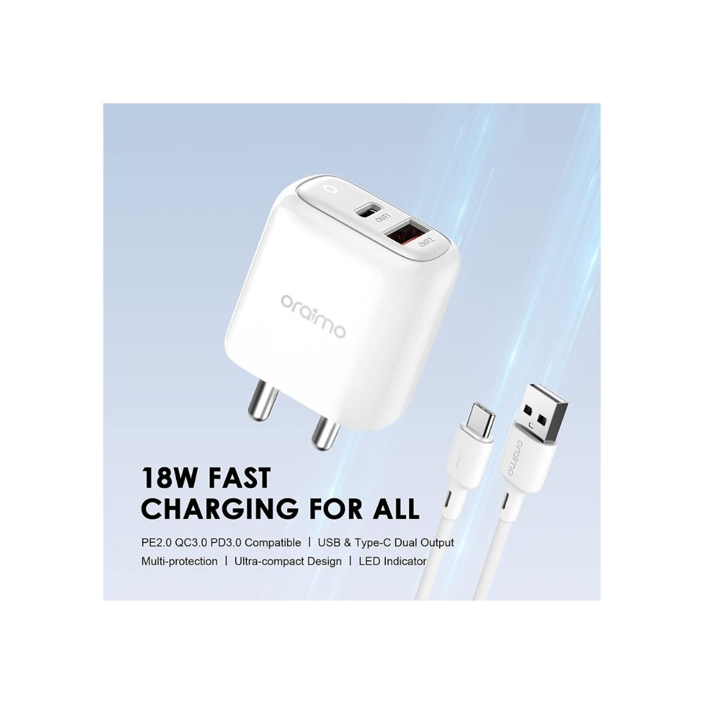 Oraimo 18W USB & Type-C Dual Output Super Fast Charger Wall Adapter (White)