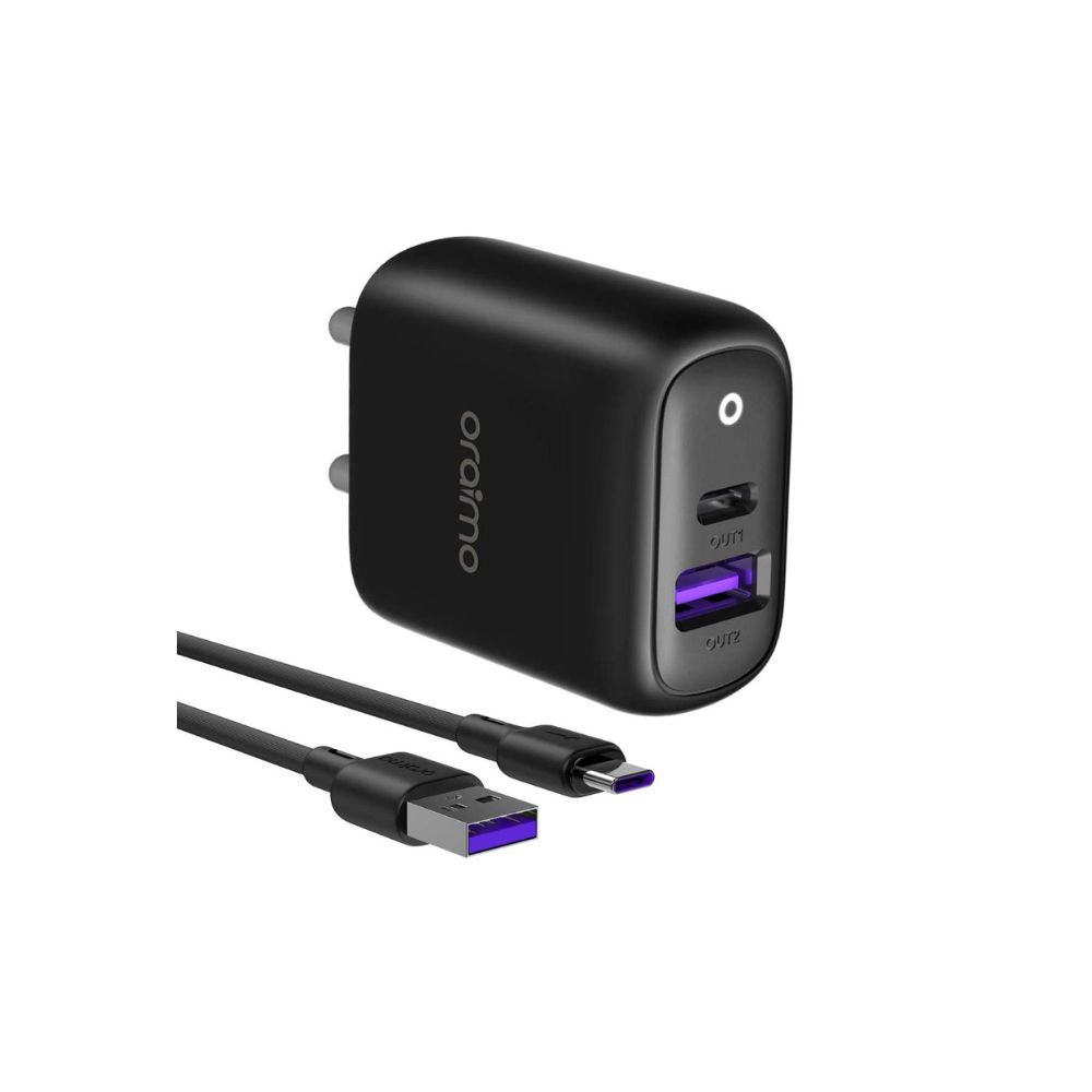 Oraimo 22.5W USB C Wall Charger 2 Port Fast Charger with 18W USB-C Power Adapter Foldable Plug Black
