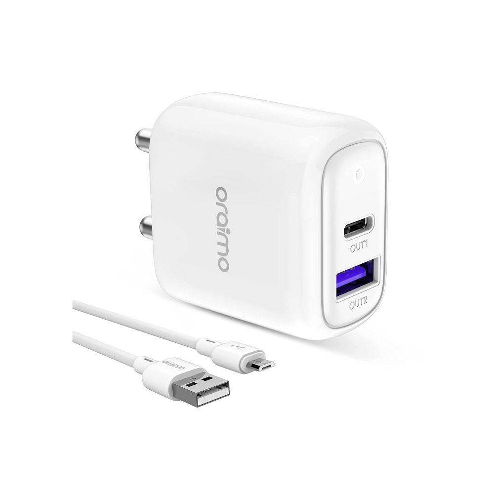 Oraimo 22.5W USB C Wall Charger 2 Port Fast Charger with 18W USB-C Power Adapter Foldable Plug (White)