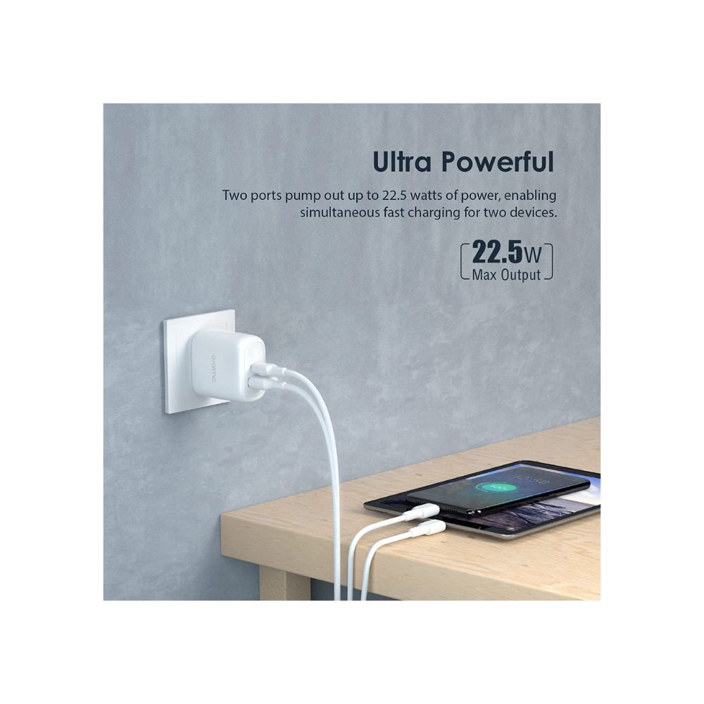 Oraimo 22.5W USB C Wall Charger 2 Port Fast Charger with 18W USB-C Power Adapter Foldable Plug (White)