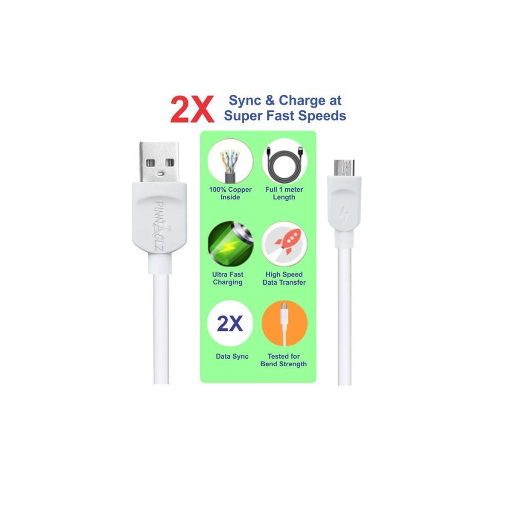 Pinnaclz Combo WC-3-WG+2 M USB-W Wall Charger with Data Cable (White)