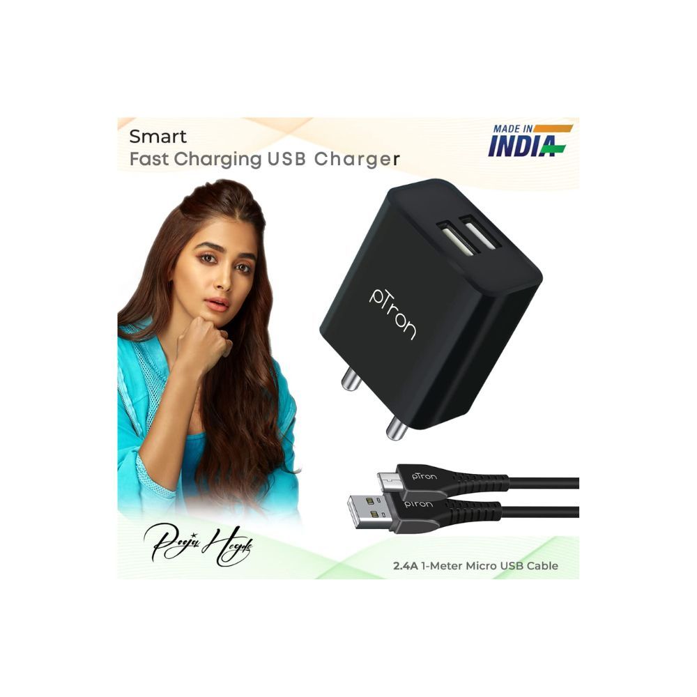 Ptron Volta Dual Port 12W Smart USB Charger Adapter with 1M Micro USB Cable (Black)