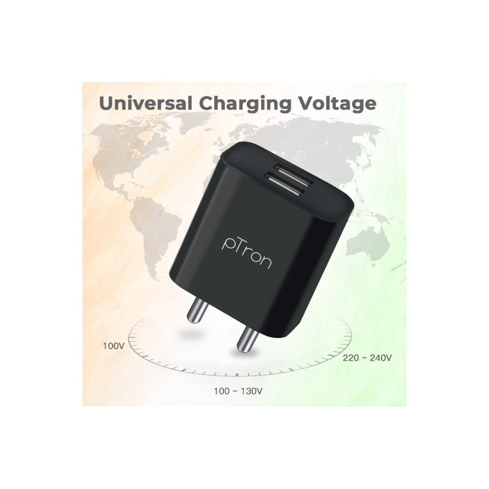 Ptron Volta Dual Port 12W Smart USB Charger Adapter with 1M Micro USB Cable (Black)